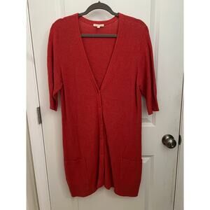 Eileen Fisher Linen Blend Coral V-Neck Button Front Knit L Duster Cardigan Boho